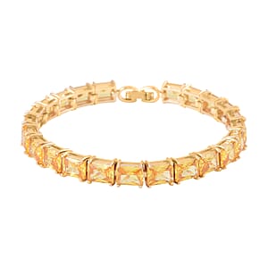 Yellow Austrian Crystal Tennis Bracelet (7.25In), Stud Earrings and Pendant Necklace 20 Inches in Goldtone