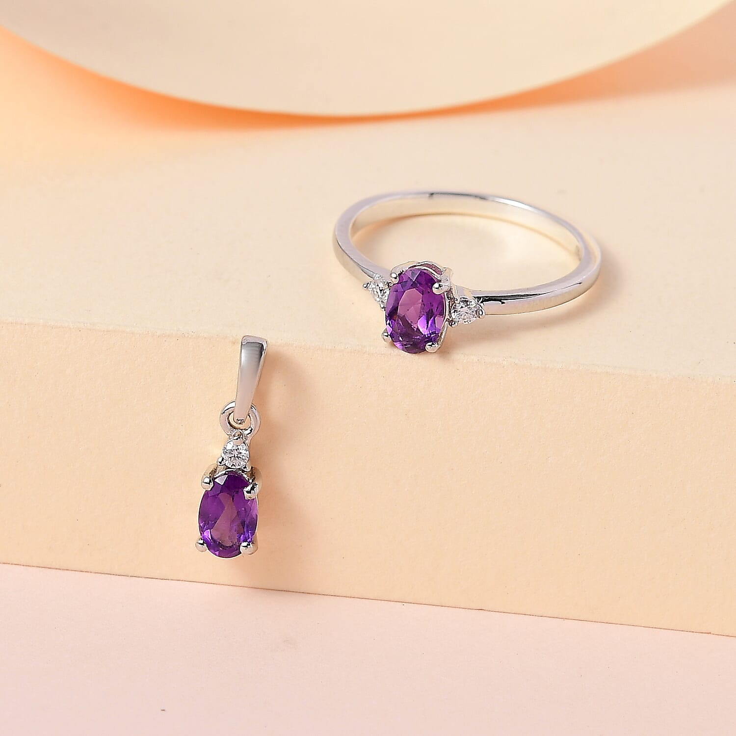 Moroccan Amethyst and Moissanite Ring (Size 5) and Pendant in Platinum Over Sterling Silver 0.90 ctw