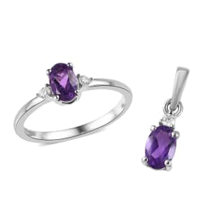 Moroccan Amethyst and Moissanite Ring (Size 6) and Pendant in Platinum Over Sterling Silver 0.90 ctw