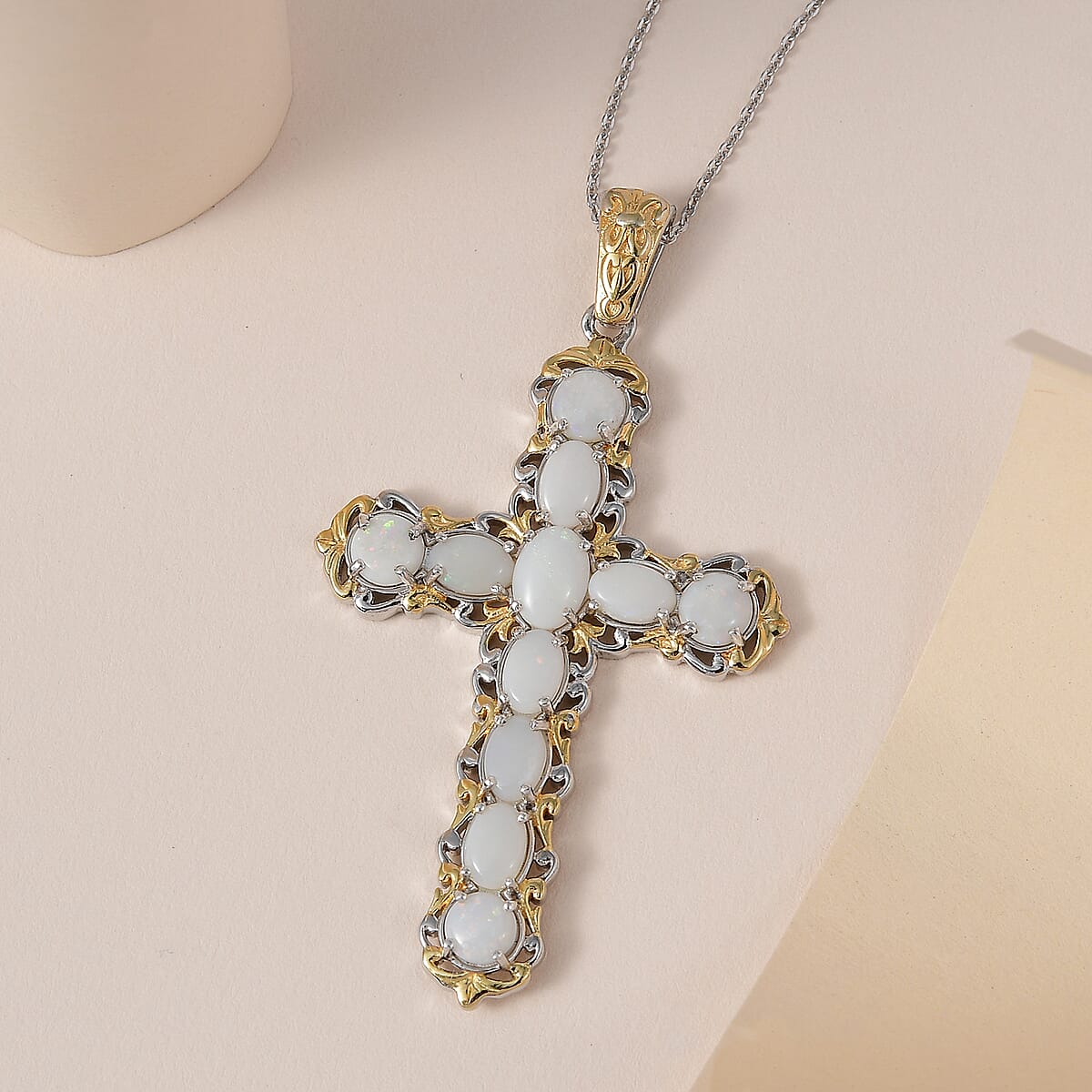 Australian Opal Cross Pendant Necklace 20 Inches in Vermeil Yellow Gold and Platinum Over Sterling Silver 3.10 ctw image number 1