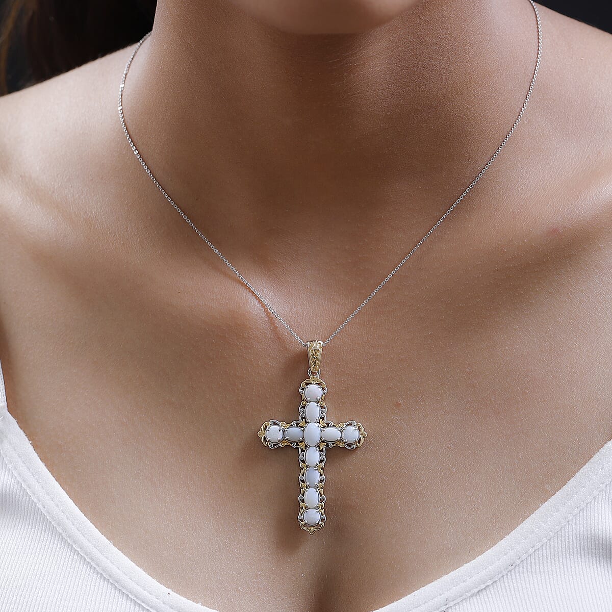 Australian Opal Cross Pendant Necklace 20 Inches in Vermeil Yellow Gold and Platinum Over Sterling Silver 3.10 ctw image number 2