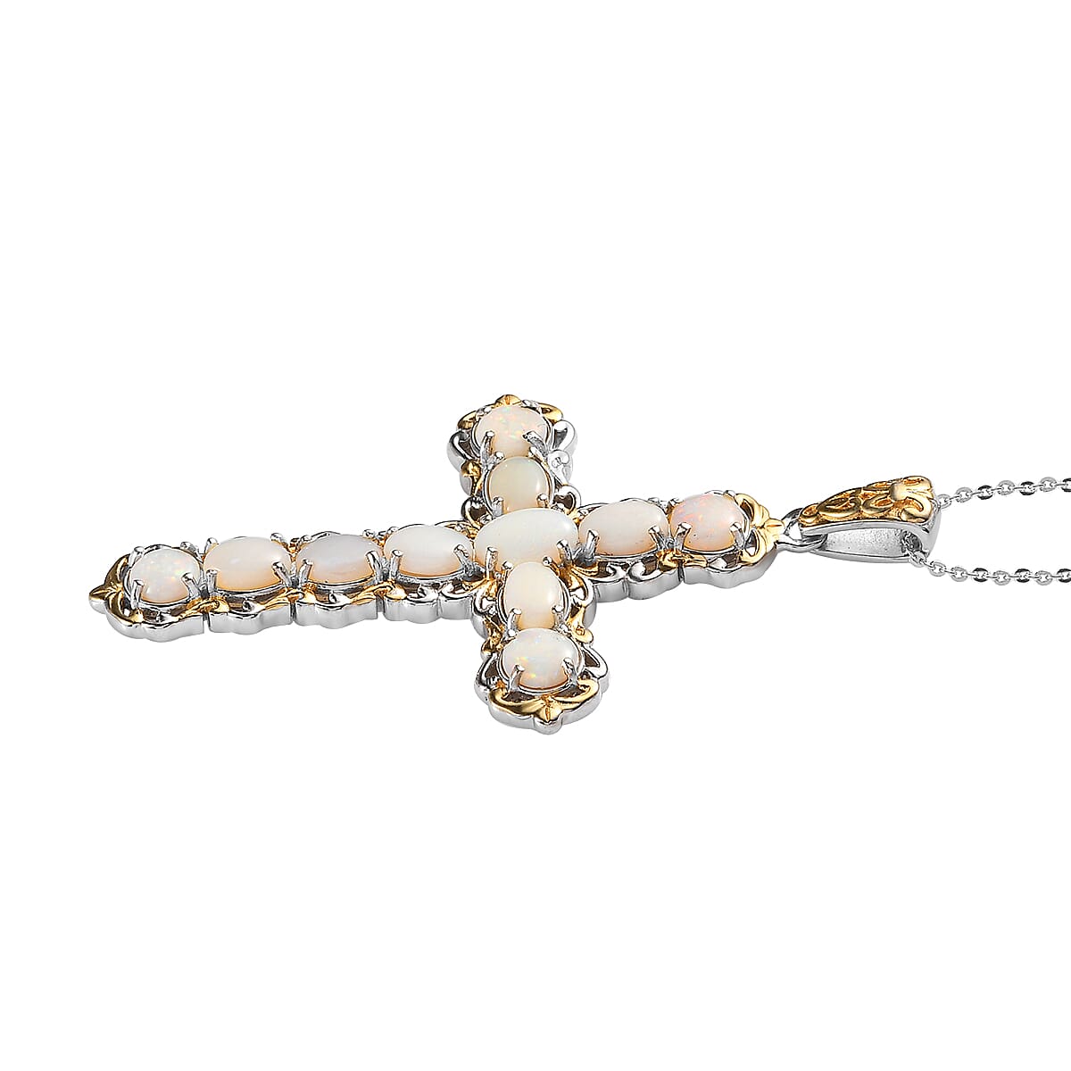 Australian Opal Cross Pendant Necklace 20 Inches in Vermeil Yellow Gold and Platinum Over Sterling Silver 3.10 ctw image number 3