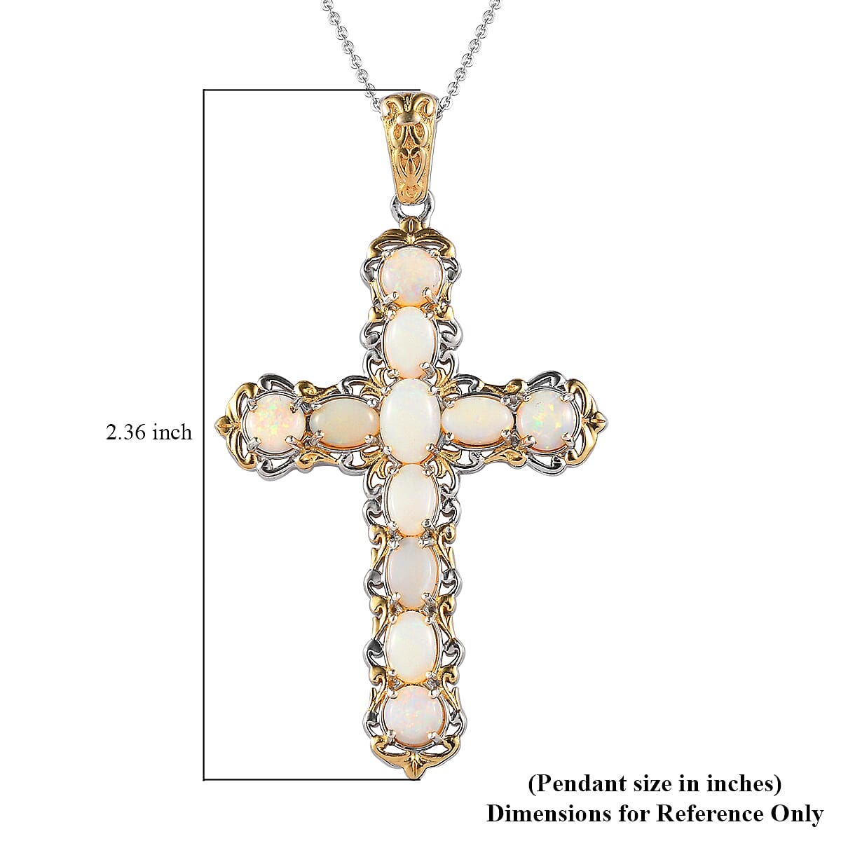 Australian Opal Cross Pendant Necklace 20 Inches in Vermeil Yellow Gold and Platinum Over Sterling Silver 3.10 ctw image number 7