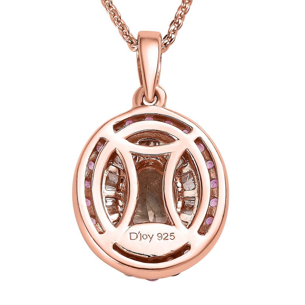 Marropino Morganite, Pink Sapphire and Diamond Double Halo Pendant Necklace 20 Inches in Vermeil Rose Gold Over Sterling Silver 1.35 ctw