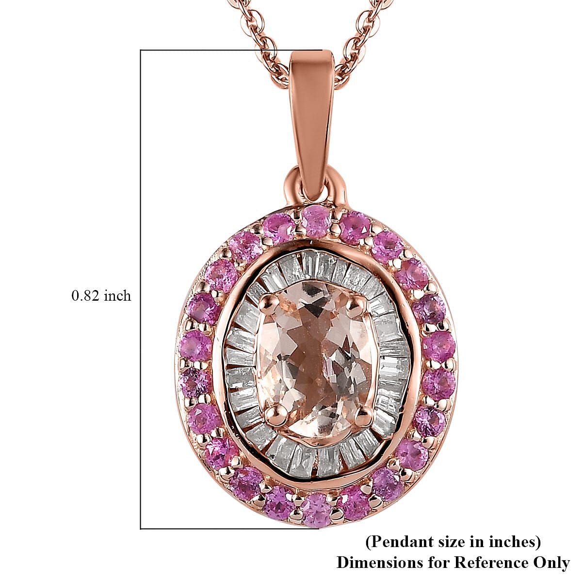 Marropino Morganite, Pink Sapphire and Diamond Double Halo Pendant Necklace 20 Inches in Vermeil Rose Gold Over Sterling Silver 1.35 ctw