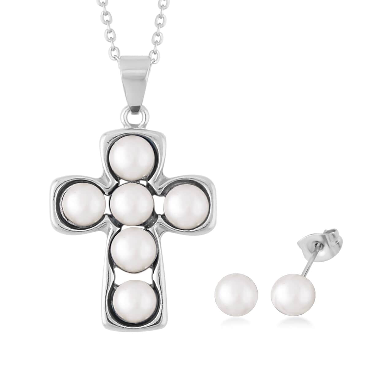 White Freshwater Pearl Stud Earrings and Cross Pendant Necklace 20 Inches in Silvertone & Stainless Steel image number 0