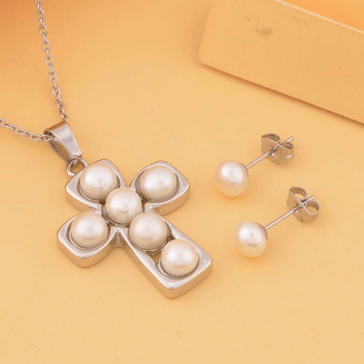 White Freshwater Pearl Stud Earrings and Cross Pendant Necklace 20 Inches in Silvertone & Stainless Steel image number 1