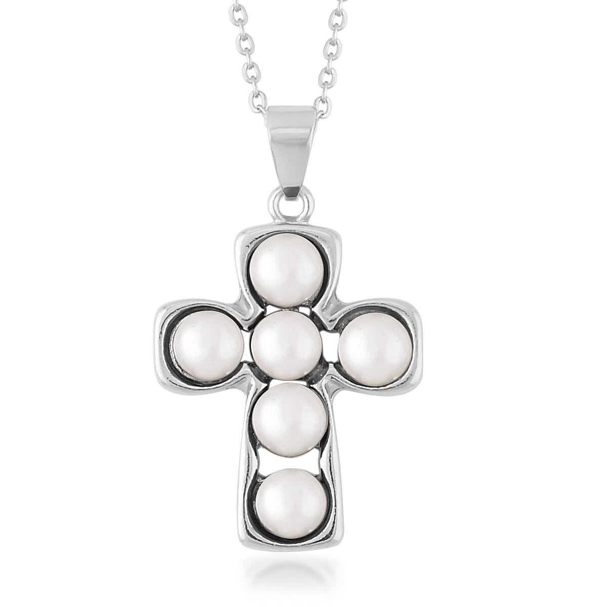White Freshwater Pearl Stud Earrings and Cross Pendant Necklace (20 Inches) in Silvertone & Stainless Steel | Tarnish-Free, Waterproof, Sweat Proof Jewelry