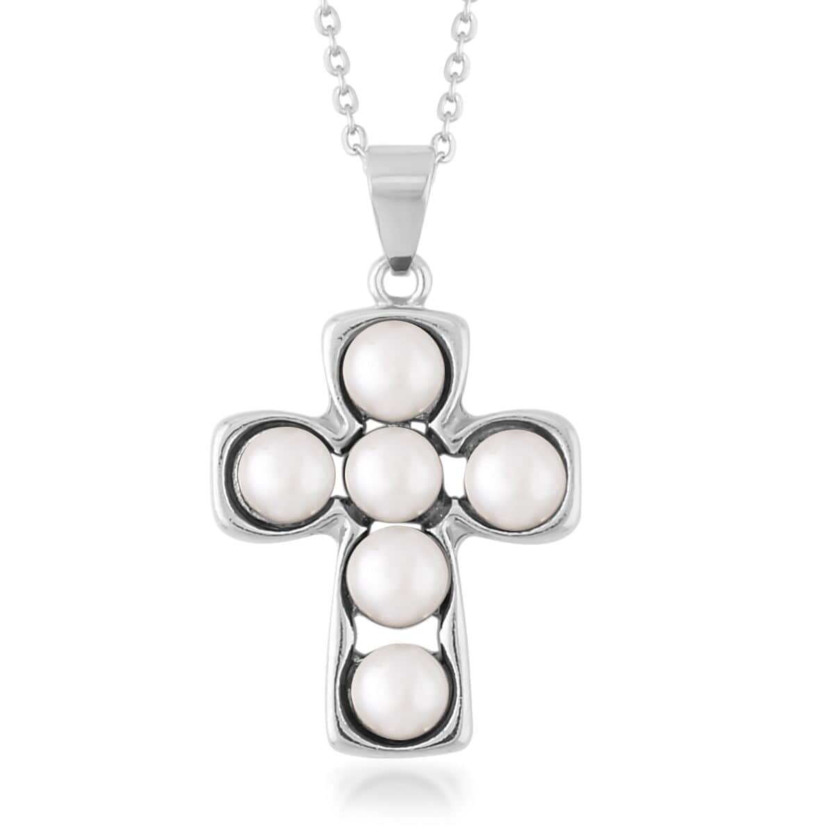 White Freshwater Pearl Stud Earrings and Cross Pendant Necklace 20 Inches in Silvertone & Stainless Steel image number 2