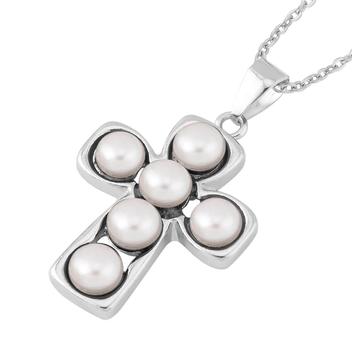 White Freshwater Pearl Stud Earrings and Cross Pendant Necklace 20 Inches in Silvertone & Stainless Steel image number 3