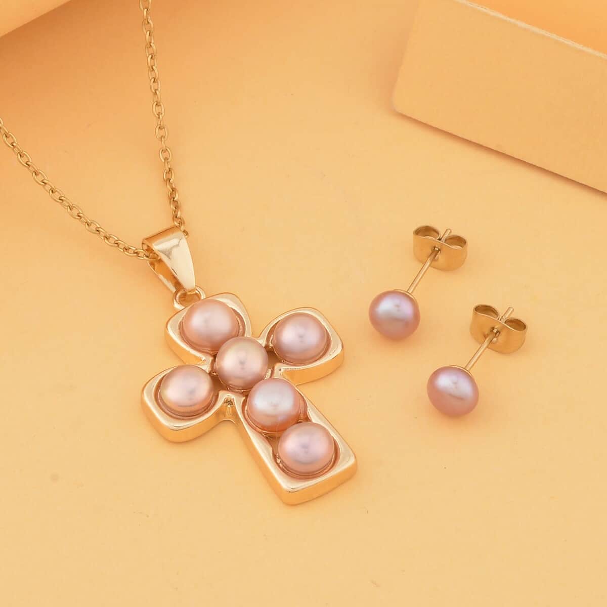 Purple Freshwater Pearl Stud Earrings and Cross Pendant Necklace (20 Inches) in Goldtone & ION Plated YG Stainless Steel | Tarnish-Free, Waterproof, Sweat Proof Jewelry image number 1