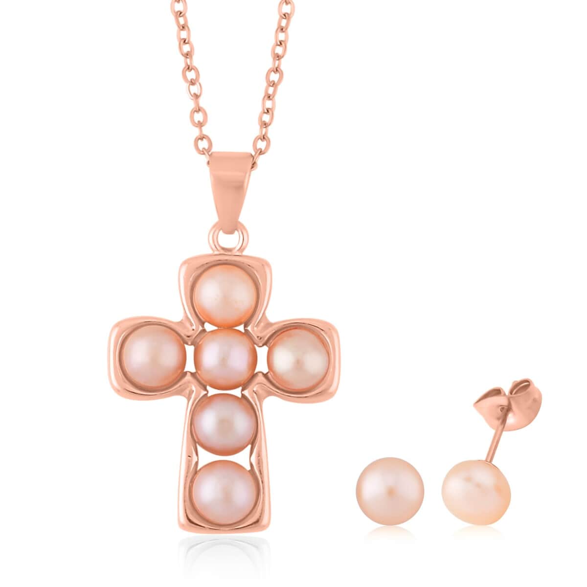 Peach Freshwater Pearl Stud Earrings and Cross Pendant Necklace (20 Inches) in Rosetone & ION Plated RG Stainless Steel | Tarnish-Free, Waterproof, Sweat Proof Jewelry image number 0