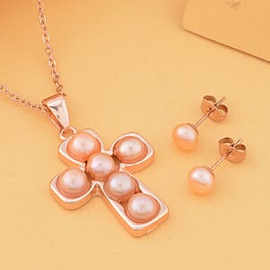 Peach Freshwater Pearl Stud Earrings and Cross Pendant Necklace (20 Inches) in Rosetone & ION Plated RG Stainless Steel | Tarnish-Free, Waterproof, Sweat Proof Jewelry