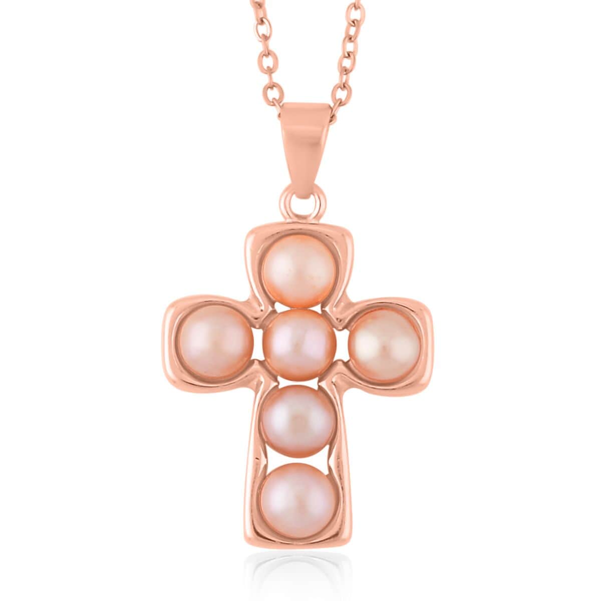 Peach Freshwater Pearl Stud Earrings and Cross Pendant Necklace (20 Inches) in Rosetone & ION Plated RG Stainless Steel | Tarnish-Free, Waterproof, Sweat Proof Jewelry image number 2