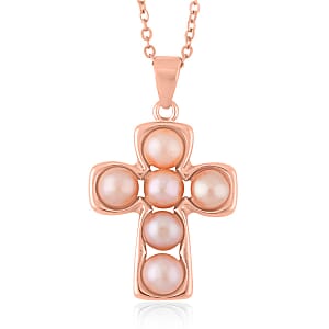 Peach Freshwater Pearl Stud Earrings and Cross Pendant Necklace (20 Inches) in Rosetone & ION Plated RG Stainless Steel | Tarnish-Free, Waterproof, Sweat Proof Jewelry