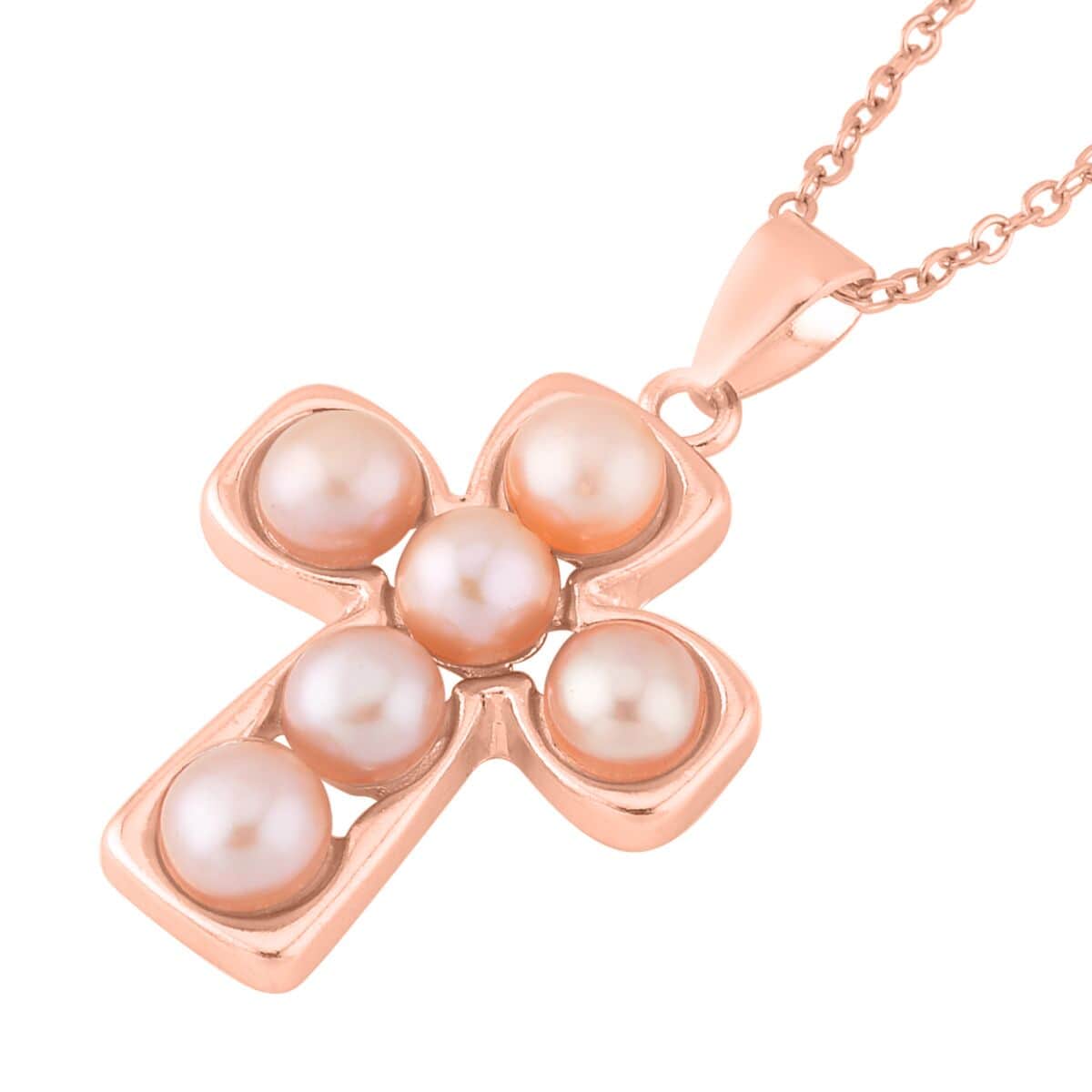 Peach Freshwater Pearl Stud Earrings and Cross Pendant Necklace (20 Inches) in Rosetone & ION Plated RG Stainless Steel | Tarnish-Free, Waterproof, Sweat Proof Jewelry image number 3