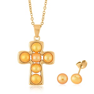 Golden Freshwater Pearl Stud Earrings and Cross Pendant Necklace (20 Inches) in Goldtone & ION Plated YG Stainless Steel | Tarnish-Free, Waterproof, Sweat Proof Jewelry