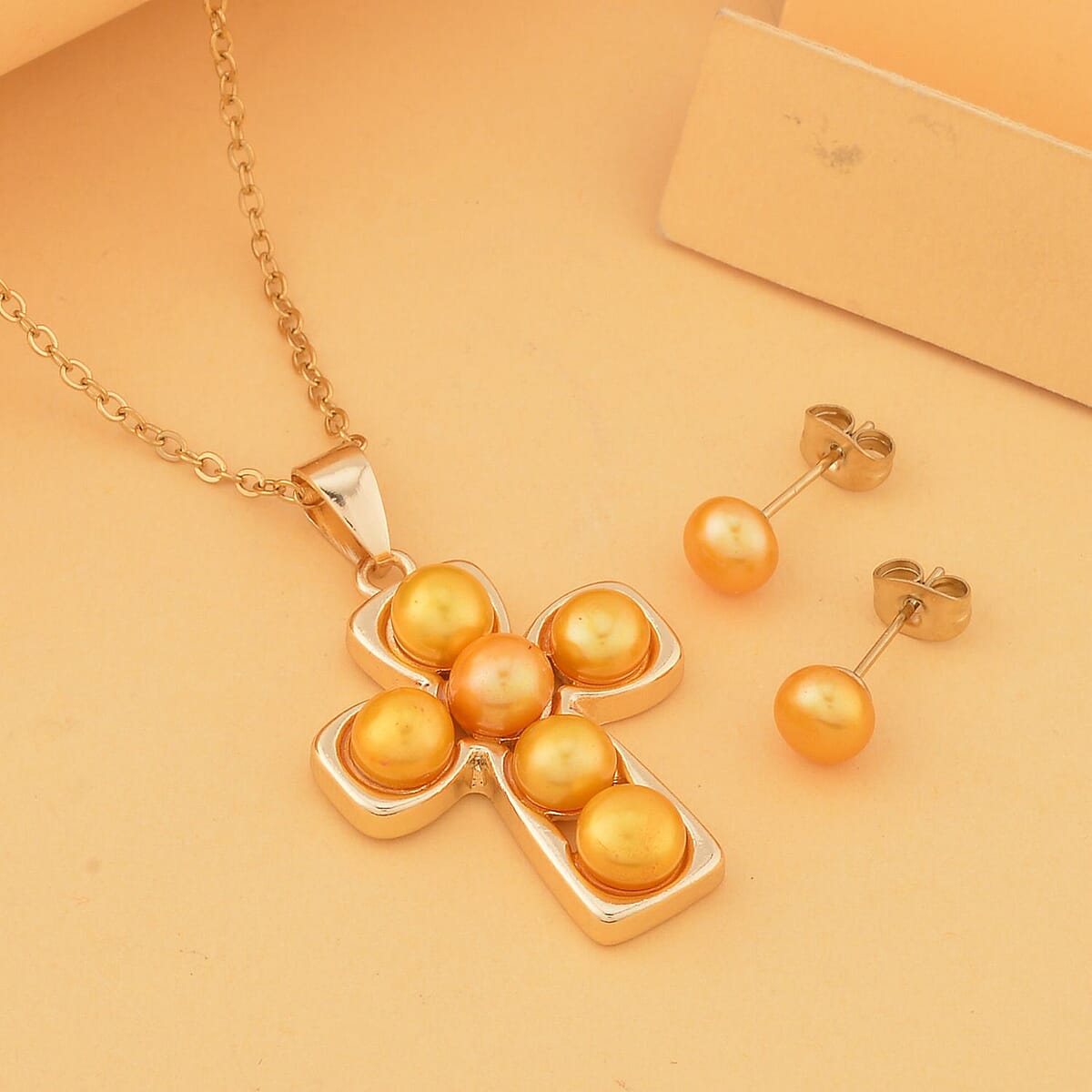 Golden Freshwater Pearl Stud Earrings and Cross Pendant Necklace (20 Inches) in Goldtone & ION Plated YG Stainless Steel | Tarnish-Free, Waterproof, Sweat Proof Jewelry image number 1