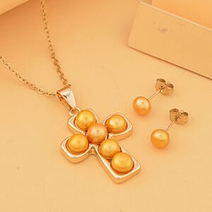 Golden Freshwater Pearl Stud Earrings and Cross Pendant Necklace (20 Inches) in Goldtone & ION Plated YG Stainless Steel | Tarnish-Free, Waterproof, Sweat Proof Jewelry