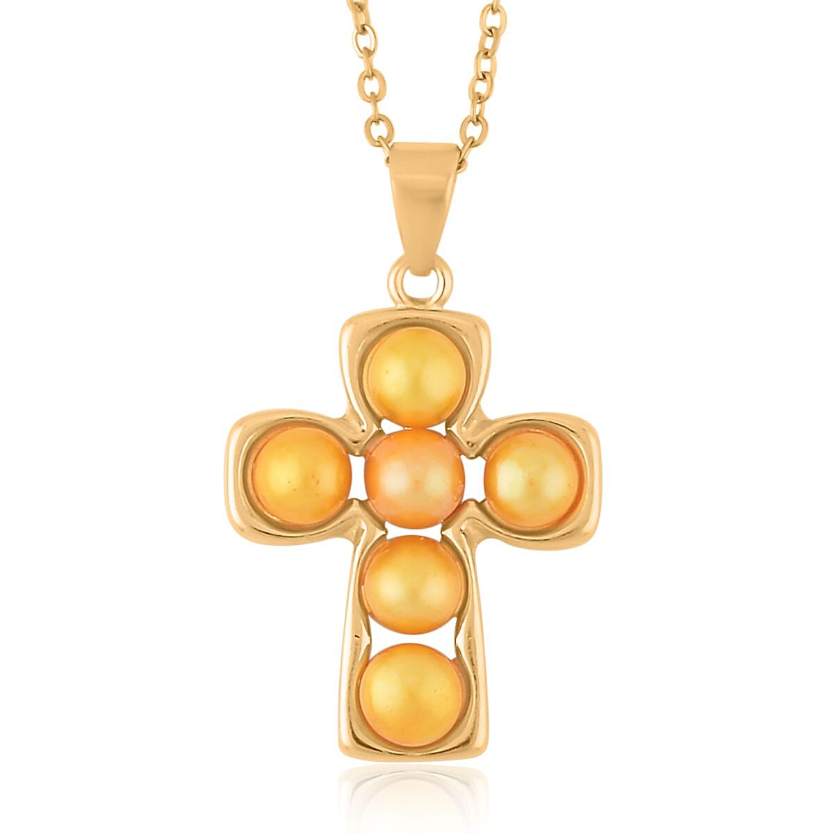 Golden Freshwater Pearl Stud Earrings and Cross Pendant Necklace (20 Inches) in Goldtone & ION Plated YG Stainless Steel | Tarnish-Free, Waterproof, Sweat Proof Jewelry image number 2