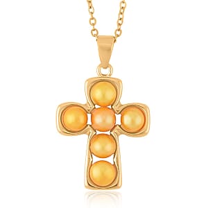 Golden Freshwater Pearl Stud Earrings and Cross Pendant Necklace (20 Inches) in Goldtone & ION Plated YG Stainless Steel | Tarnish-Free, Waterproof, Sweat Proof Jewelry