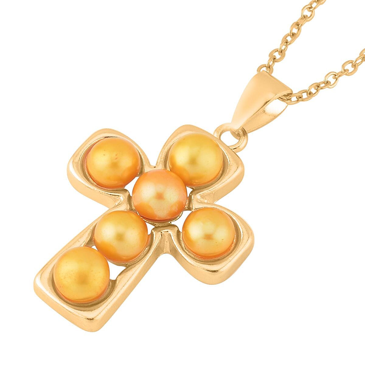 Golden Freshwater Pearl Stud Earrings and Cross Pendant Necklace (20 Inches) in Goldtone & ION Plated YG Stainless Steel | Tarnish-Free, Waterproof, Sweat Proof Jewelry image number 3