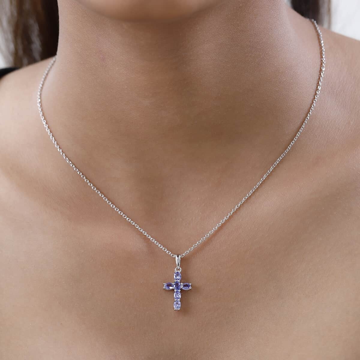 Tanzanite Cross Pendant Necklace 20 Inches in Platinum Over Sterling Silver 1.00 ctw image number 2