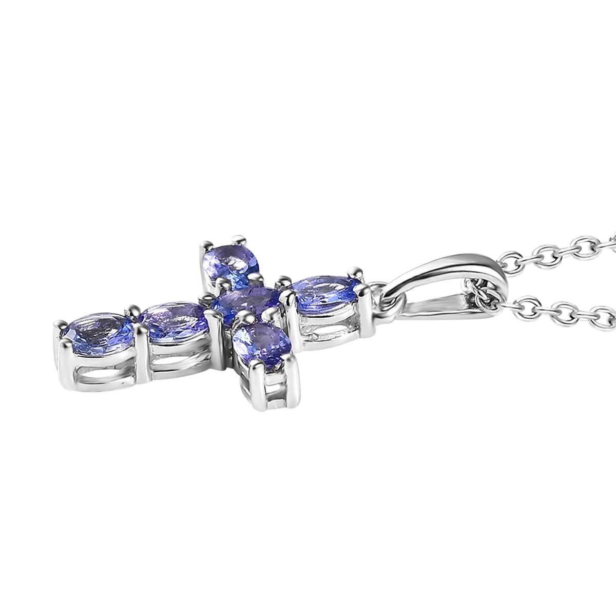 Tanzanite Cross Pendant Necklace 20 Inches in Platinum Over Sterling Silver 1.00 ctw image number 3