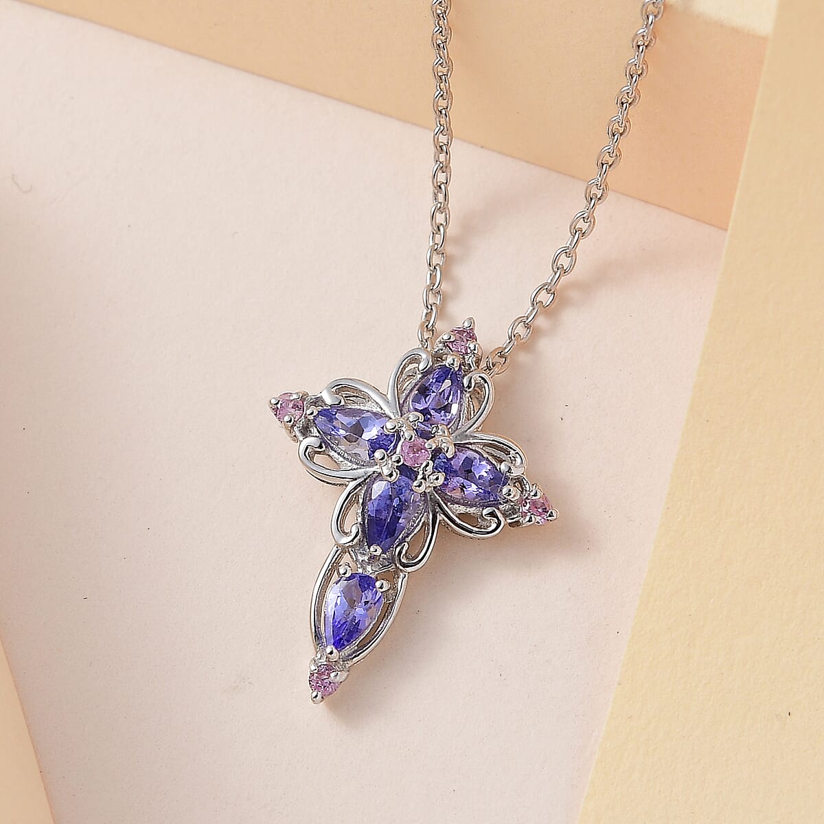 Tanzanite and Pink Sapphire Cross Pendant Necklace 20 Inches in Platinum Over Sterling Silver 1.15 ctw image number 1