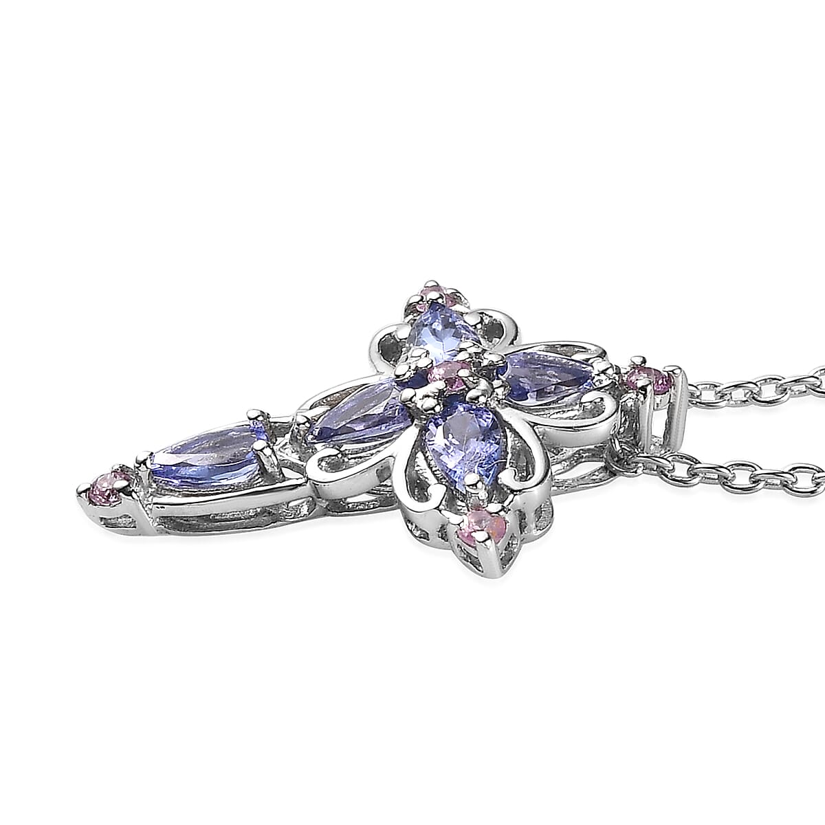 Tanzanite and Pink Sapphire Cross Pendant Necklace 20 Inches in Platinum Over Sterling Silver 1.15 ctw image number 3