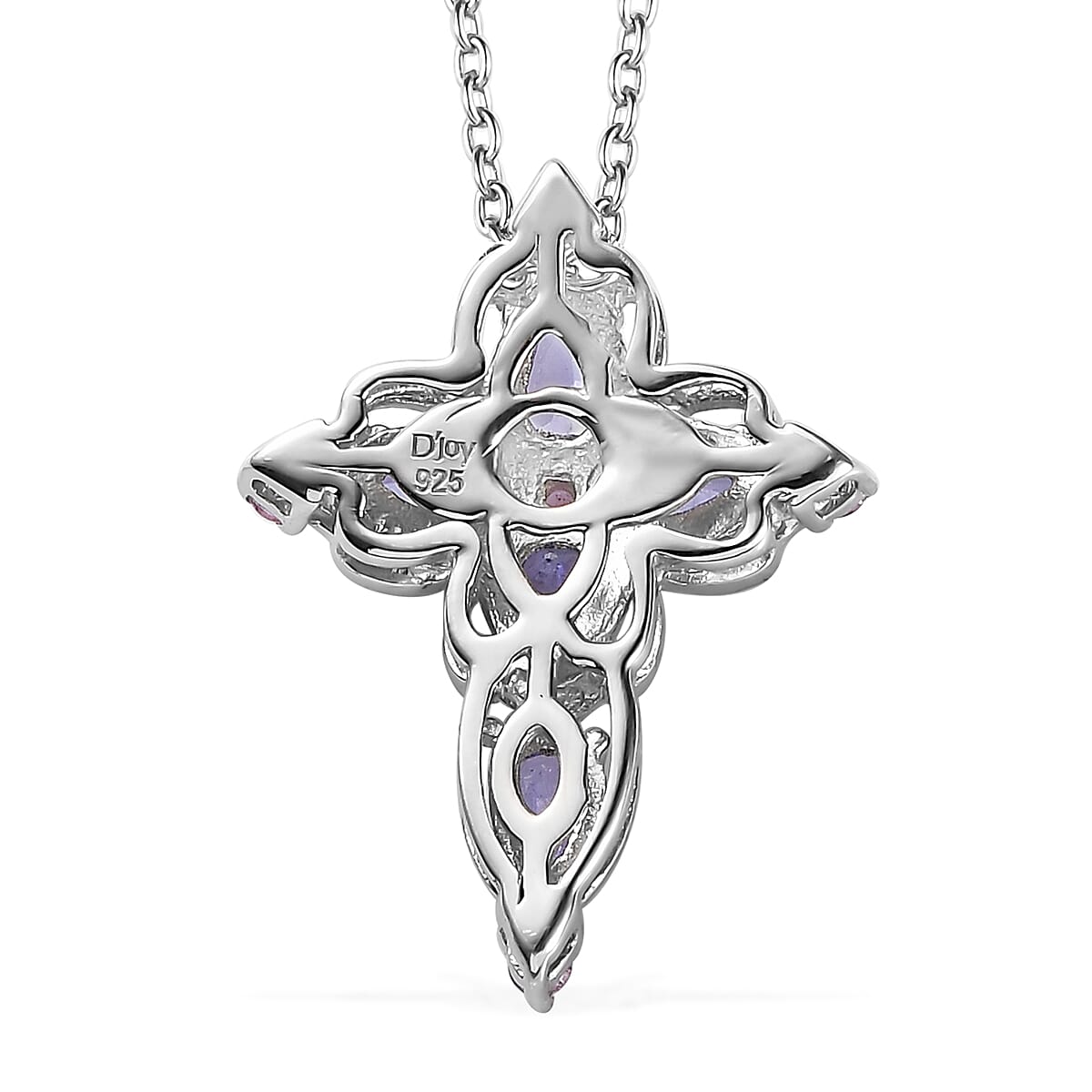 Tanzanite and Pink Sapphire Cross Pendant Necklace 20 Inches in Platinum Over Sterling Silver 1.15 ctw image number 4