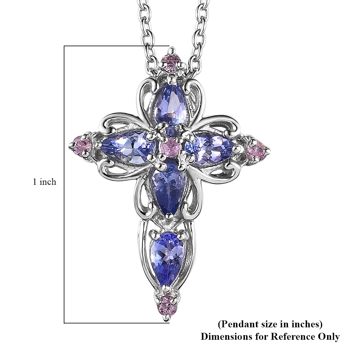 Tanzanite and Pink Sapphire Cross Pendant Necklace 20 Inches in Platinum Over Sterling Silver 1.15 ctw image number 6