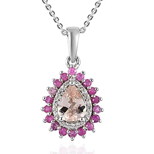 Premium Marropino Morganite and Multi Gemstone Sunburst Pendant Necklace 20 Inches in Vermeil Rose Gold and Platinum Over Sterling Silver 1.25 ctw