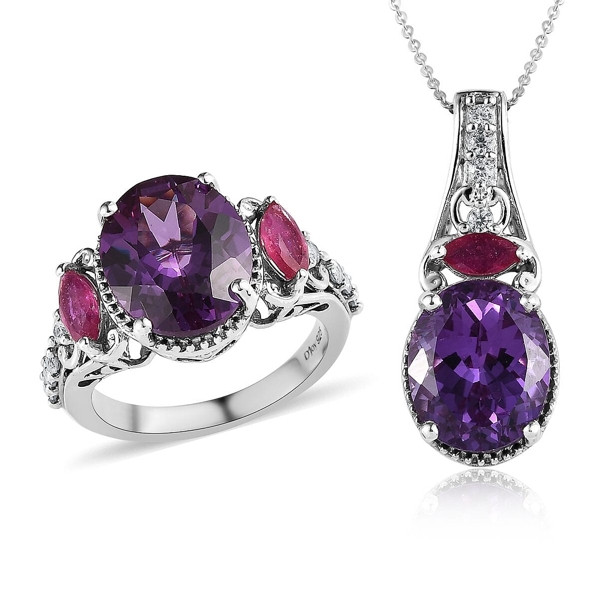 Lab Grown Color Change Sapphire and Multi Gemstone Ring and Pendant Necklace 20 Inches in Platinum Over Sterling Silver 15.60 ctw image number 0