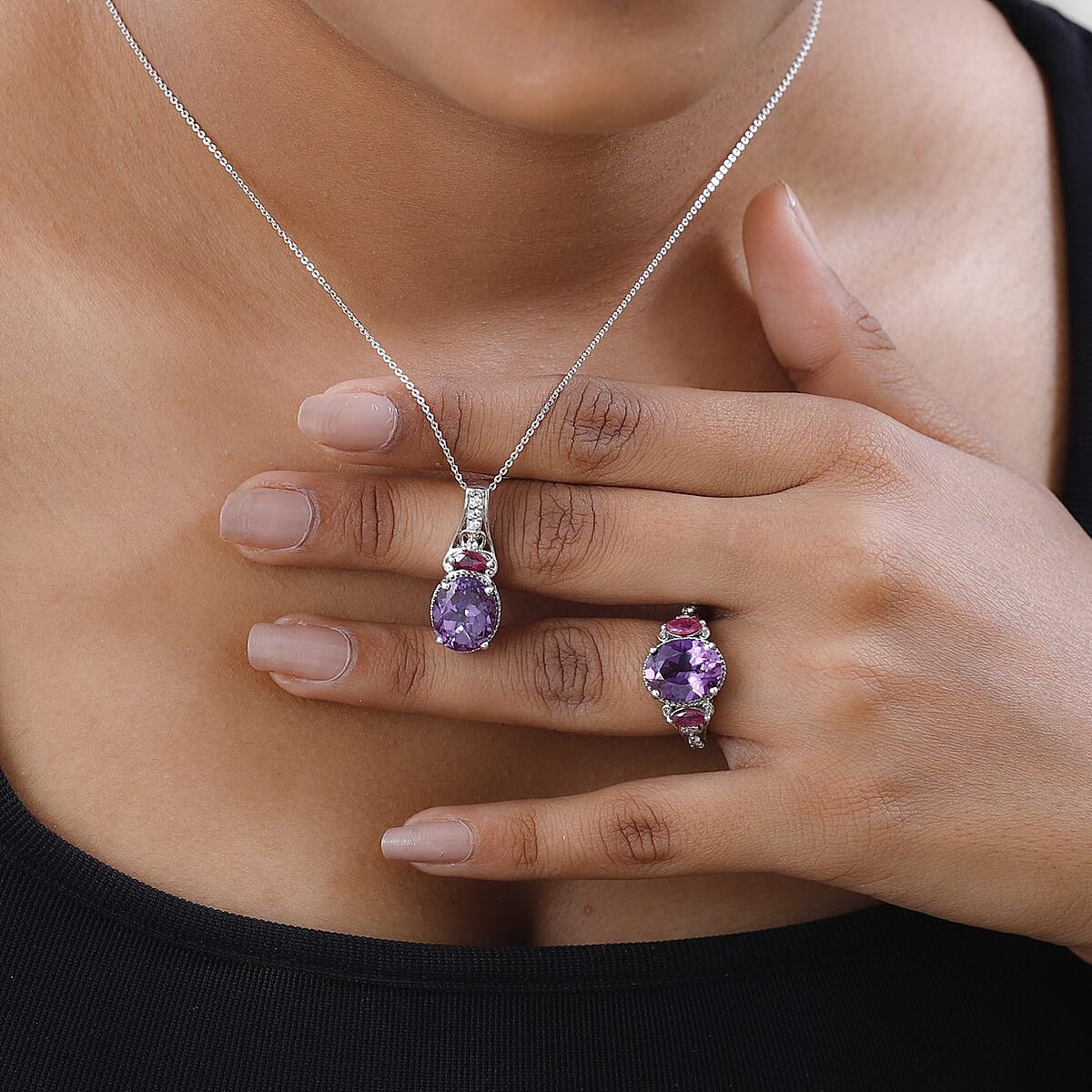 Lab Grown Color Change Sapphire and Multi Gemstone Ring and Pendant Necklace 20 Inches in Platinum Over Sterling Silver 15.60 ctw image number 2