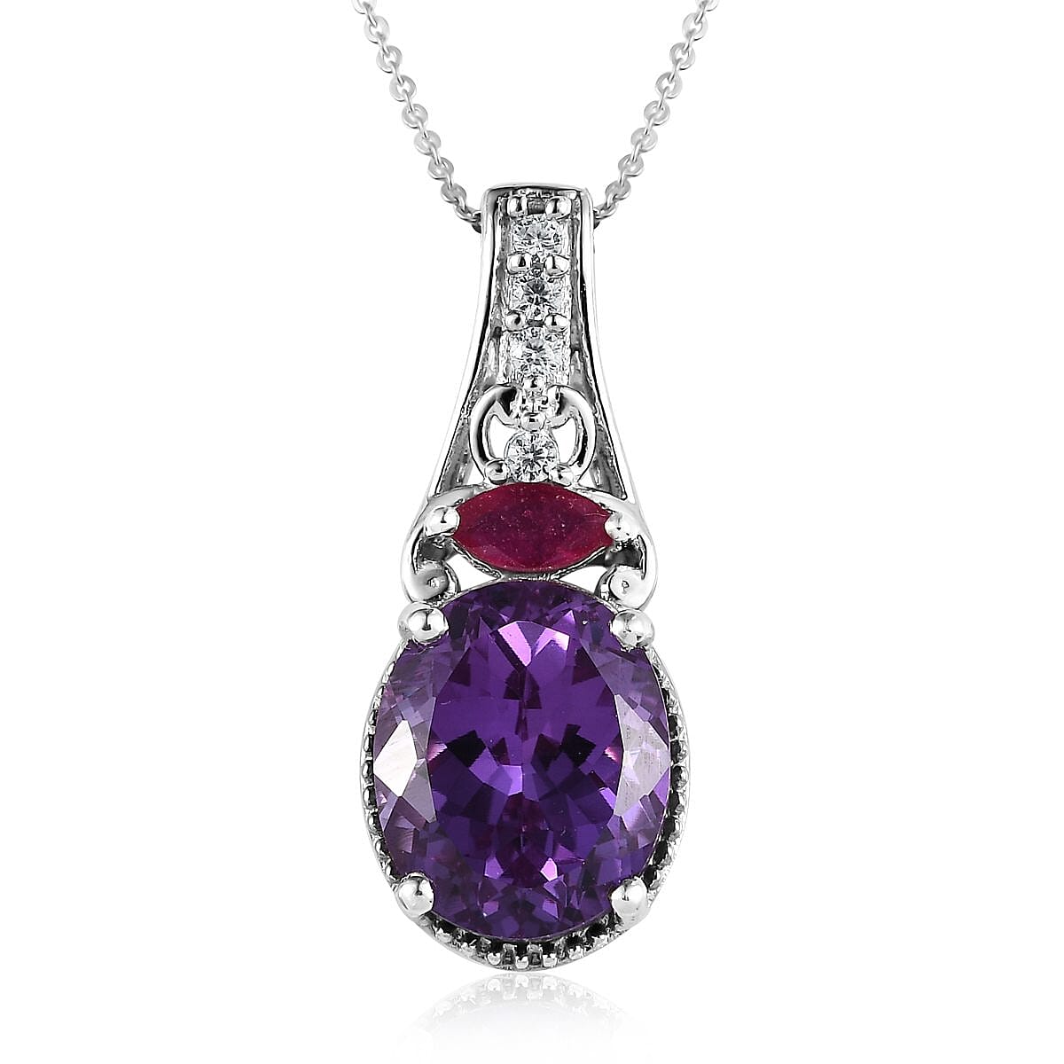 Lab Grown Color Change Sapphire and Multi Gemstone Ring (Size 6.0) and Pendant Necklace 20 Inches in Platinum Over Sterling Silver 15.60 ctw