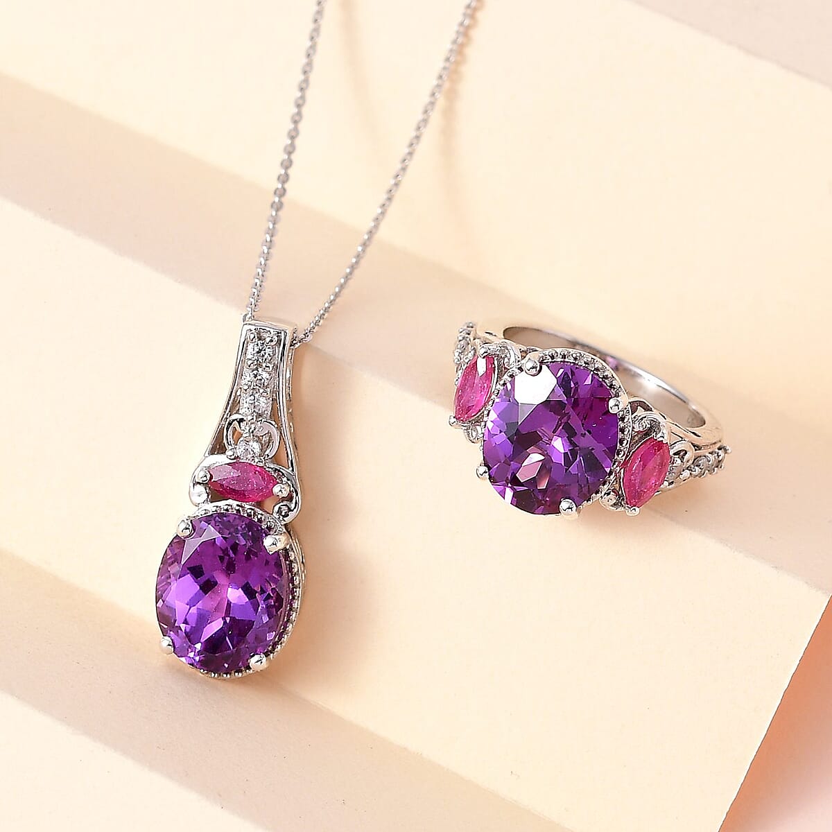 Lab Grown Color Change Sapphire and Multi Gemstone Ring (Size 9.0) and Pendant Necklace 20 Inches in Platinum Over Sterling Silver 15.60 ctw image number 1