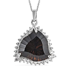 Fancy Cut Brazilian Smoky Quartz and White Zircon Pendant Necklace 20 Inches in Platinum Over Sterling Silver 11.85 ctw