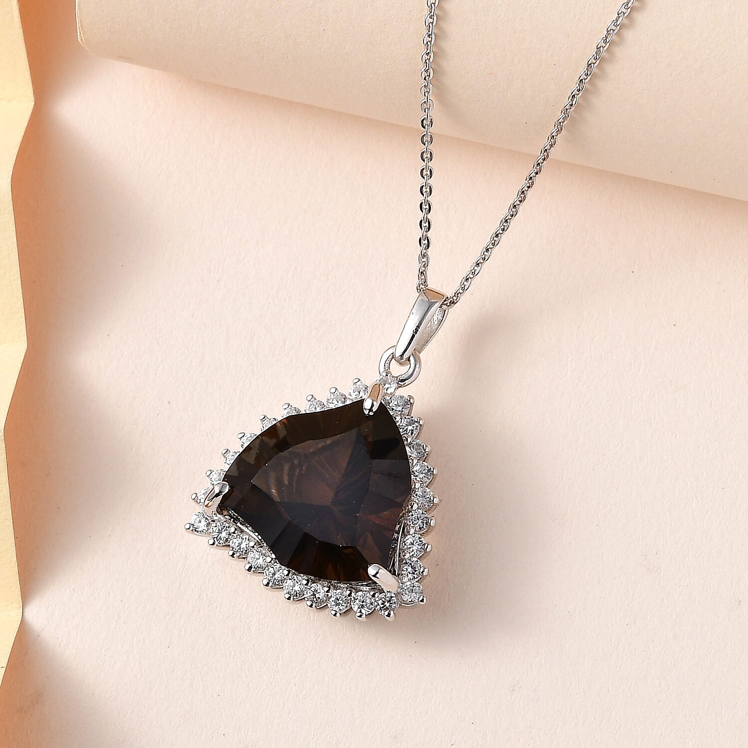 Fancy Cut Brazilian Smoky Quartz and White Zircon Pendant Necklace 20 Inches in Platinum Over Sterling Silver 11.85 ctw