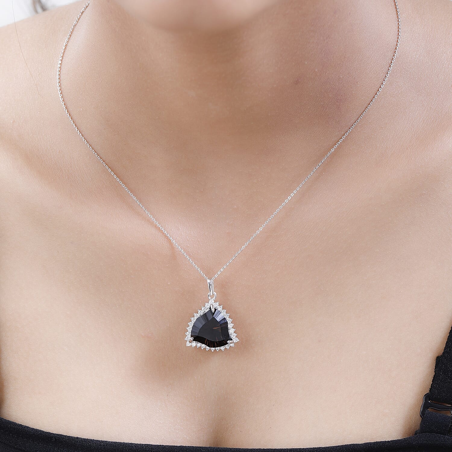 Fancy Cut Brazilian Smoky Quartz and White Zircon Pendant Necklace 20 Inches in Platinum Over Sterling Silver 11.85 ctw