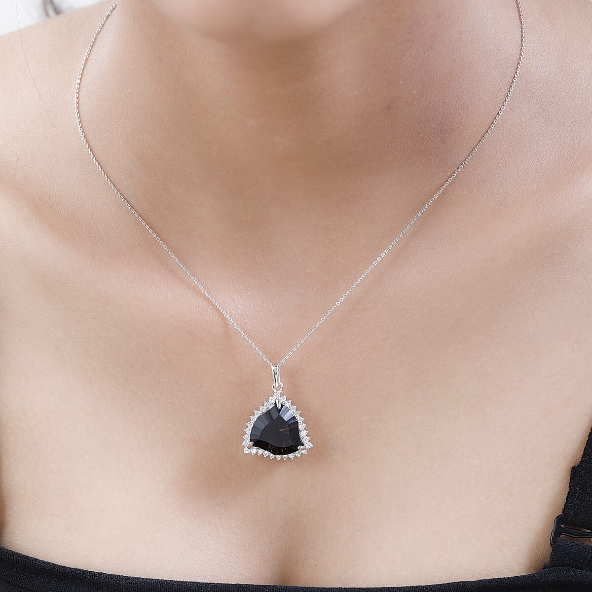 Fancy Cut Brazilian Smoky Quartz and White Zircon Pendant Necklace 20 Inches in Platinum Over Sterling Silver 11.85 ctw image number 2