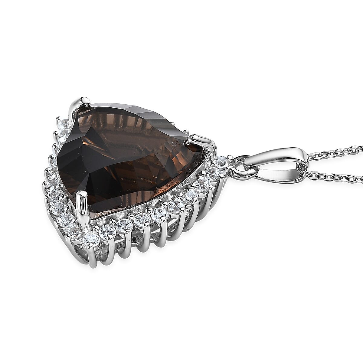Fancy Cut Brazilian Smoky Quartz and White Zircon Pendant Necklace 20 Inches in Platinum Over Sterling Silver 11.85 ctw