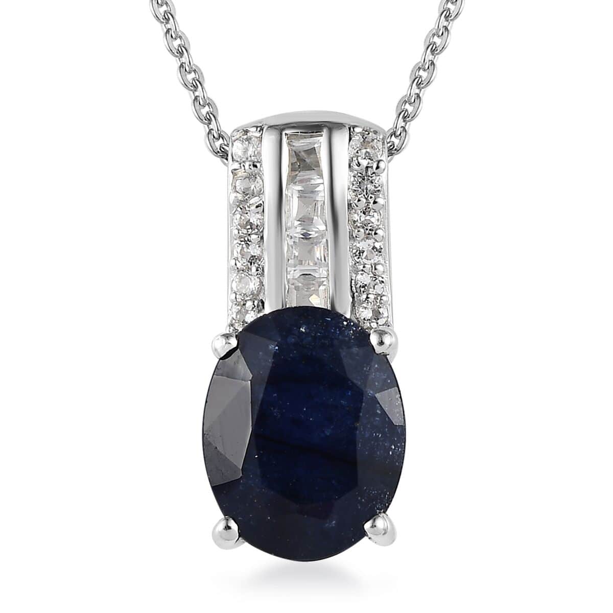 Masoala Sapphire Pendant Necklace, White Topaz Accent Pendant Necklace, 20 Inch Pendant Necklace, Platinum Over Sterling Silver Necklace 4.00 ctw image number 0