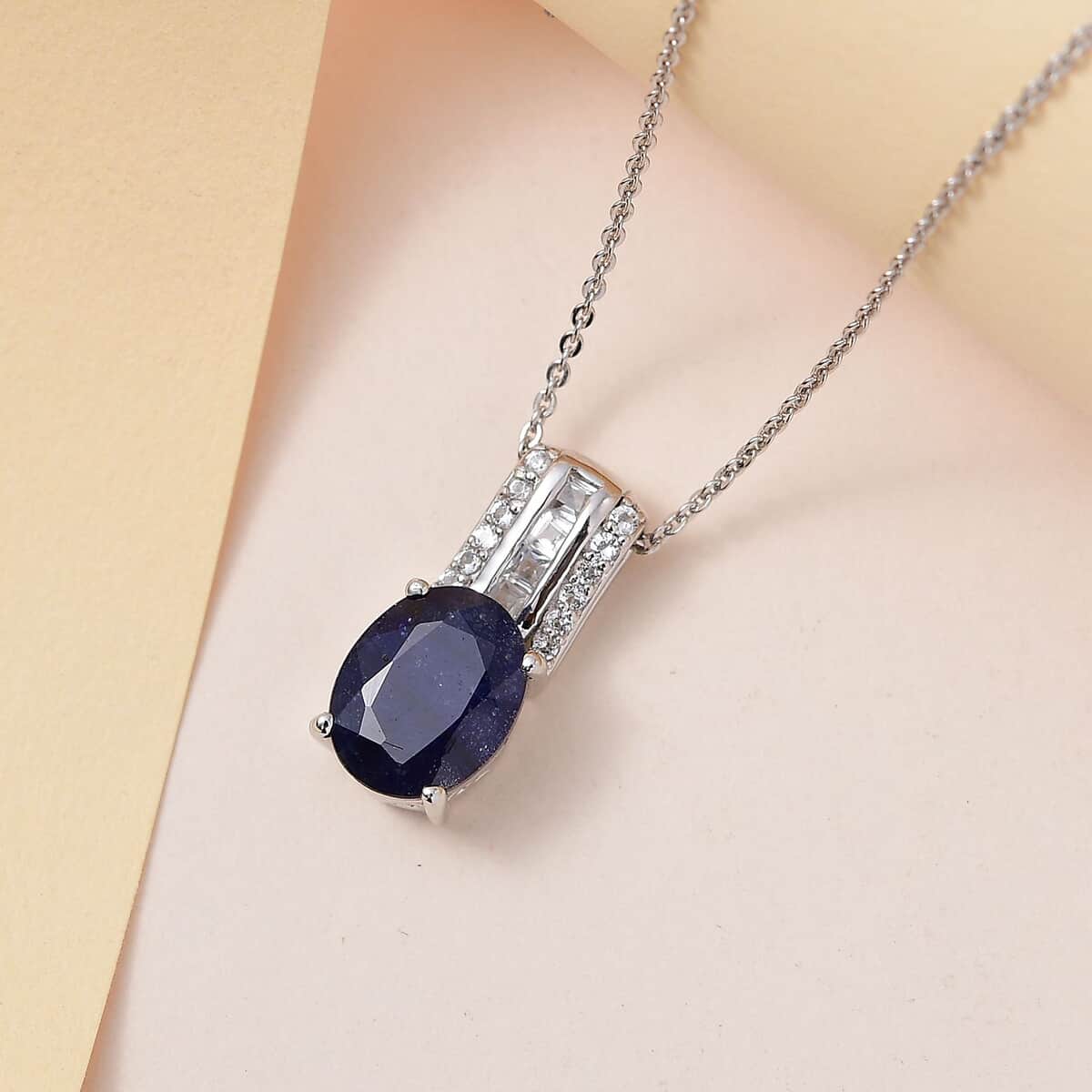 Masoala Sapphire Pendant Necklace, White Topaz Accent Pendant Necklace, 20 Inch Pendant Necklace, Platinum Over Sterling Silver Necklace 4.00 ctw image number 1