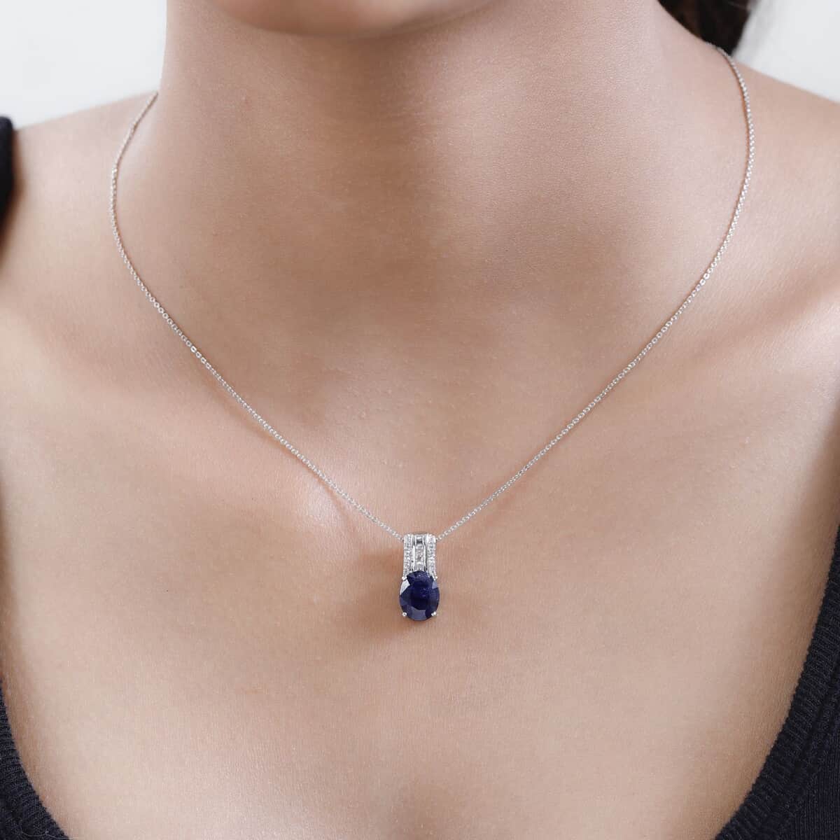 Masoala Sapphire Pendant Necklace, White Topaz Accent Pendant Necklace, 20 Inch Pendant Necklace, Platinum Over Sterling Silver Necklace 4.00 ctw image number 2