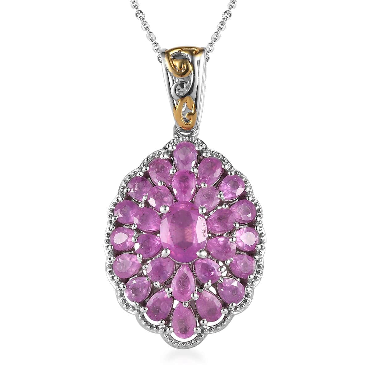 Ilakaka Hot Pink Sapphire (FF) Cocktail Pendant Necklace 20 Inches in Vermeil Yellow Gold and Platinum Over Sterling Silver 8.75 ctw image number 0