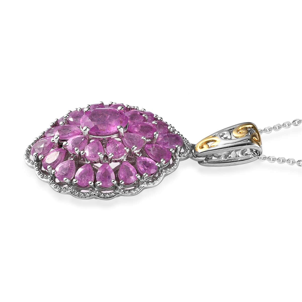 Ilakaka Hot Pink Sapphire (FF) Cocktail Pendant Necklace 20 Inches in Vermeil Yellow Gold and Platinum Over Sterling Silver 8.75 ctw image number 3