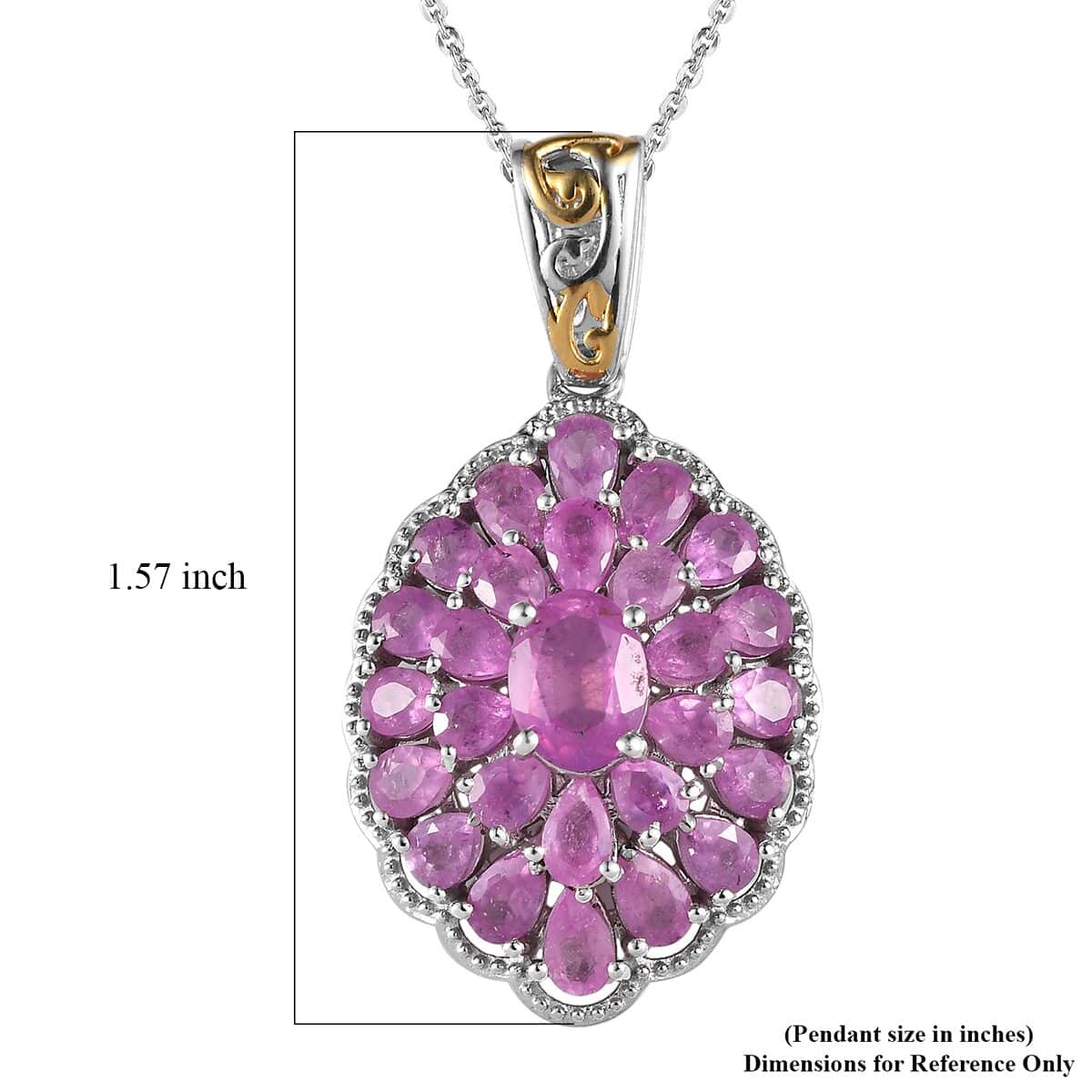 Ilakaka Hot Pink Sapphire (FF) Cocktail Pendant Necklace 20 Inches in Vermeil Yellow Gold and Platinum Over Sterling Silver 8.75 ctw image number 6