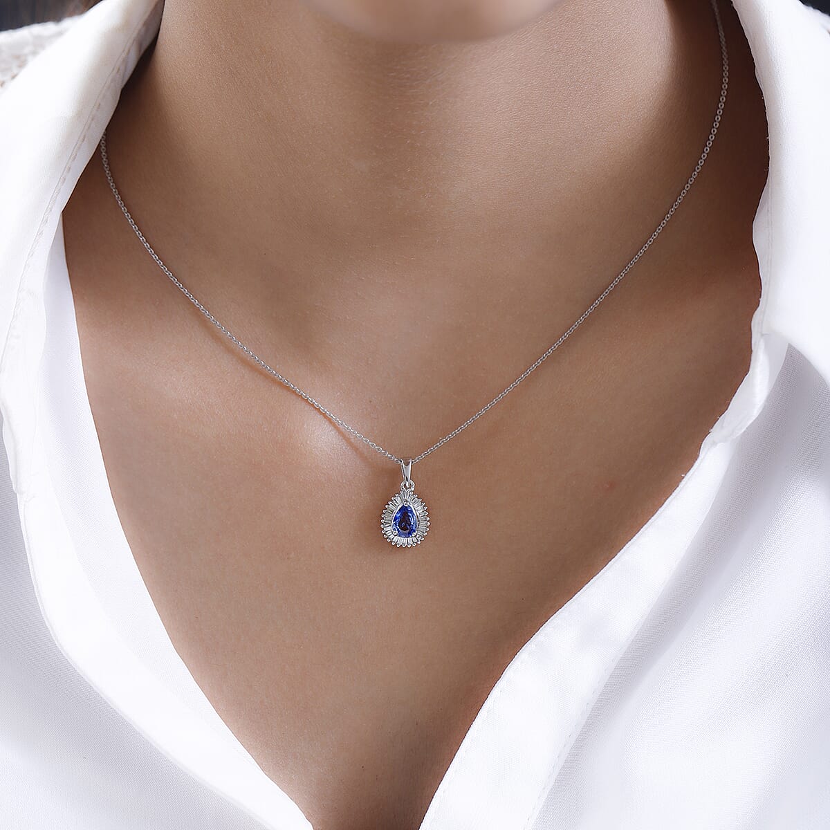 Ceylon Blue Sapphire and Diamond Halo Pendant Necklace 20 Inches in Platinum Over Sterling Silver 1.00 ctw image number 2