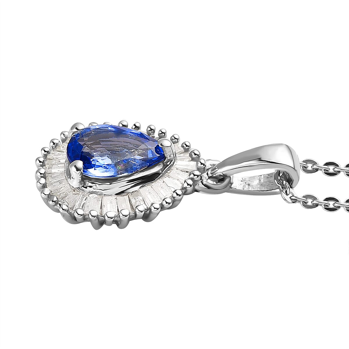 Ceylon Blue Sapphire and Diamond Halo Pendant Necklace 20 Inches in Platinum Over Sterling Silver 1.00 ctw image number 3